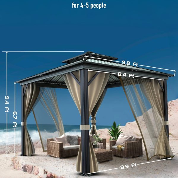 10x10 Hardtop Gazebo with double metal roof, aluminum frame, net, and curtain. All-weather, ideal for patio, deck, garden, backyard. Khaki.