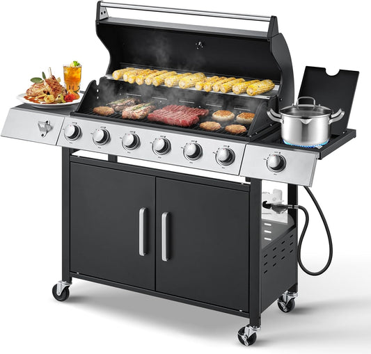 Upgraded 4 Burner BBQ Propane Gas Grill with Cast Iron Grates & Side Stove, 44,000 BTU Stainless Steel Burner Barbecue Grill for Patio, Camping, Outdoor Cooking MELLCOM