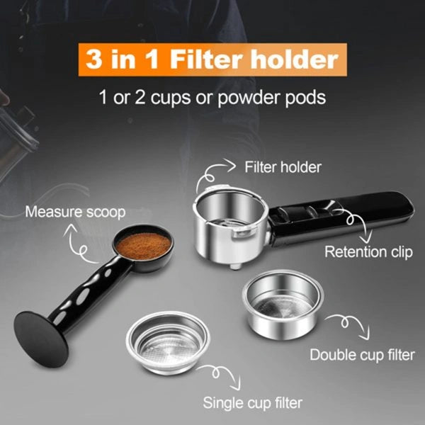 Steam Espresso Machine, Latte and Cappuccino Maker with Milk Frother, 20 Bar Italian Pump, Automatic Setting of Coffee Volume, 900ml Water Tank, Black Stainless, 1700W