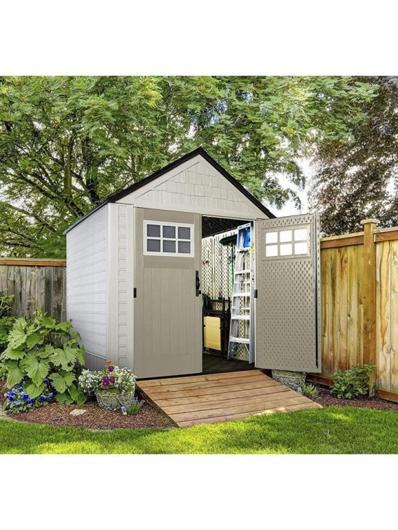 7×7 Ft Durable Weather Resistant Resin Outdoor Garden Storage Shed with Windows and Utility Hooks, Sand