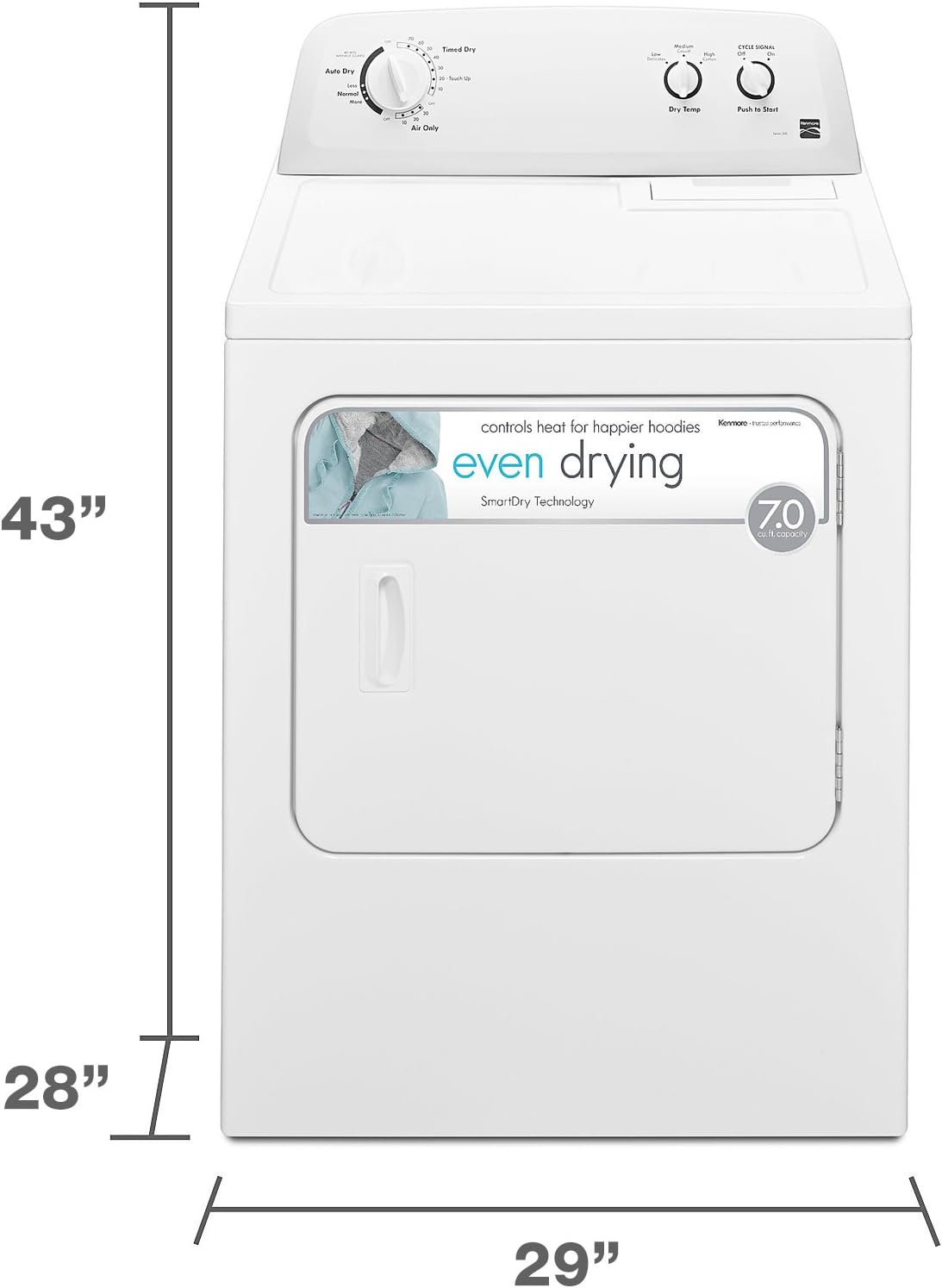 29′′ Front Load Electric Dryer with Wrinkle Guard and 7.0 Cubic Ft. Total Capacity, White