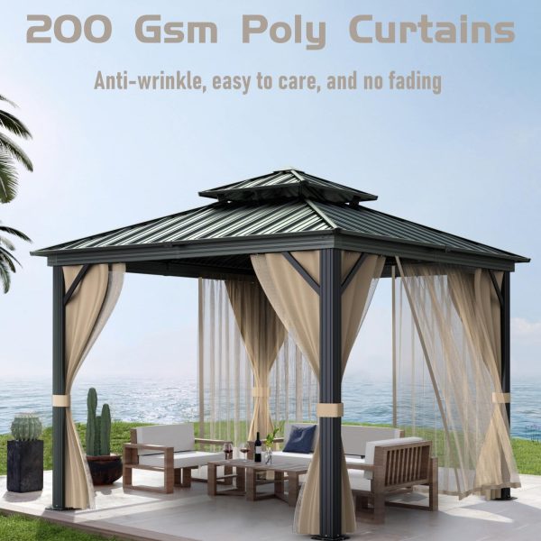 10x10 Hardtop Gazebo with double metal roof, aluminum frame, net, and curtain. All-weather, ideal for patio, deck, garden, backyard. Khaki.