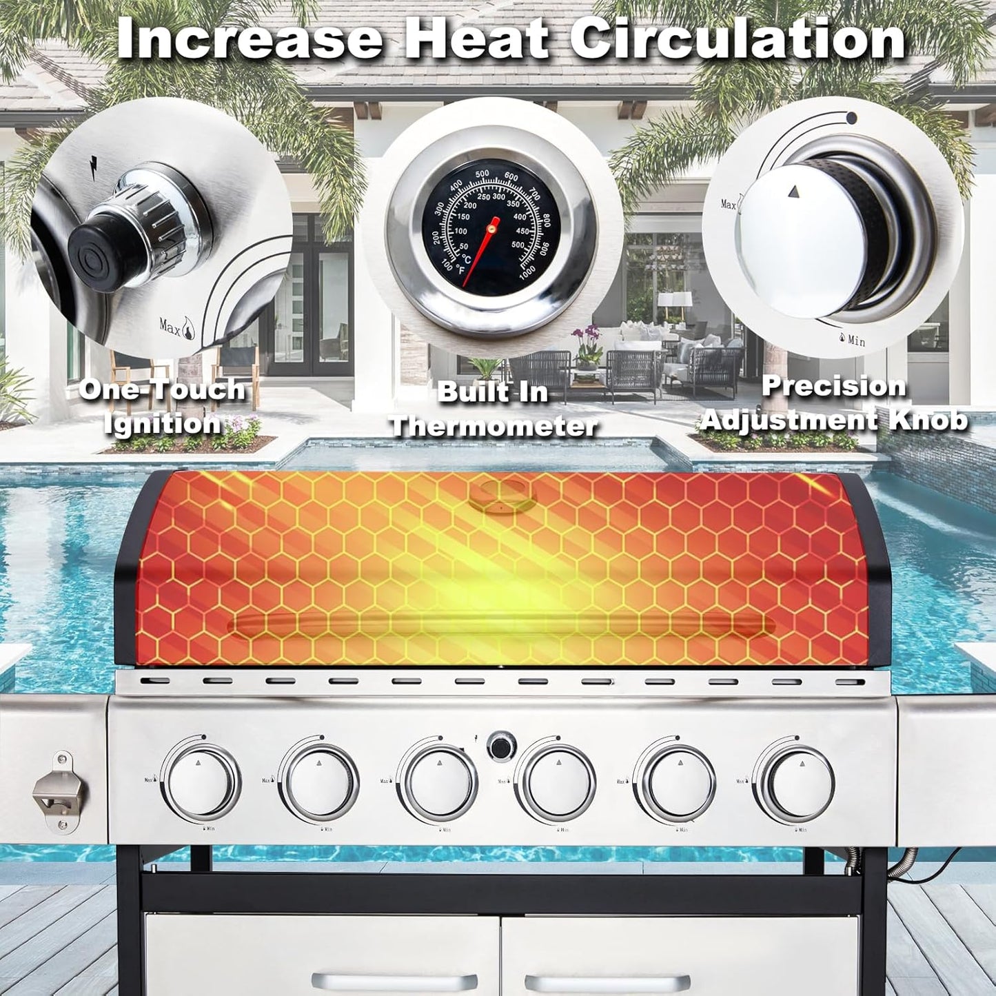 Upgraded 4 Burner BBQ Propane Gas Grill with Cast Iron Grates & Side Stove, 44,000 BTU Stainless Steel Burner Barbecue Grill for Patio, Camping, Outdoor Cooking MELLCOM