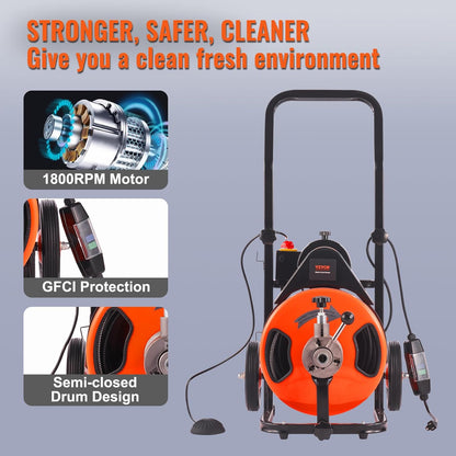 Drain Cleaner Machine 100FT x 1/2Inch, Auto Feed Sewer Snake Auger with 4 Cutter & Air-activated Foot Switch for 1" to 4" Pipes, Orange, Black