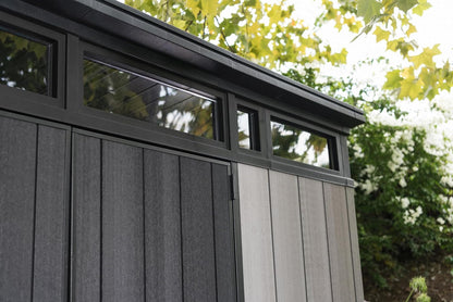 Keter Artisan 11x7 Modern Resin Outdoor Storage Shed Kit-Perfect to Store Patio Furniture, Garden Tools Bike Accessories, Beach Chairs and Lawn Mower, Grey & Black