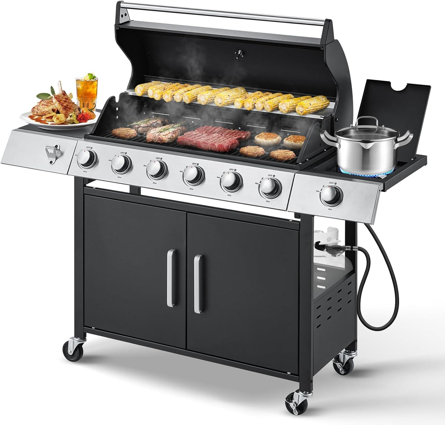 Upgraded 4 Burner BBQ Propane Gas Grill with Cast Iron Grates & Side Stove, 44,000 BTU Stainless Steel Burner Barbecue Grill for Patio, Camping, Outdoor Cooking MELLCOM