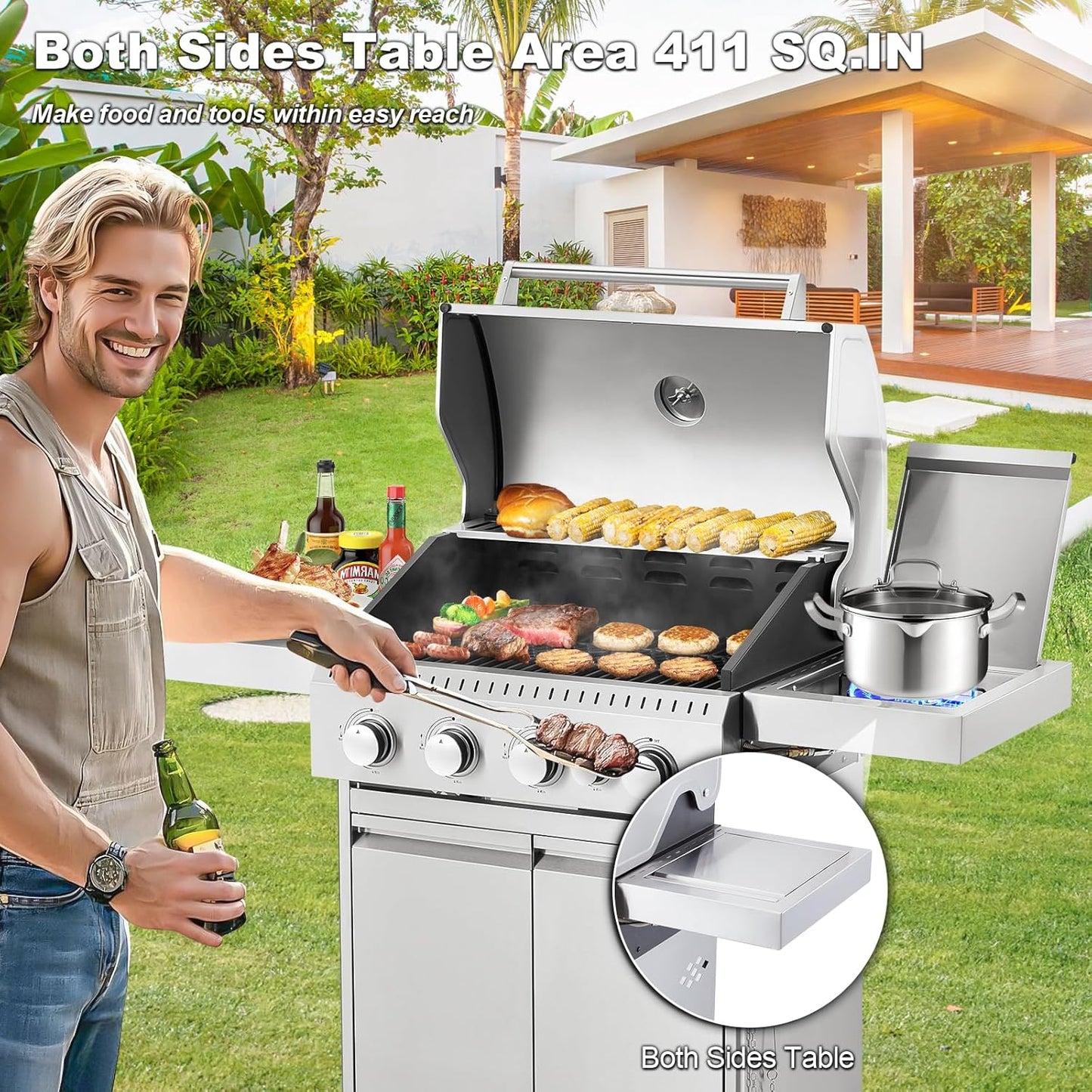 Upgraded 4 Burner BBQ Propane Gas Grill with Cast Iron Grates & Side Stove, 44,000 BTU Stainless Steel Burner Barbecue Grill for Patio, Camping, Outdoor Cooking MELLCOM