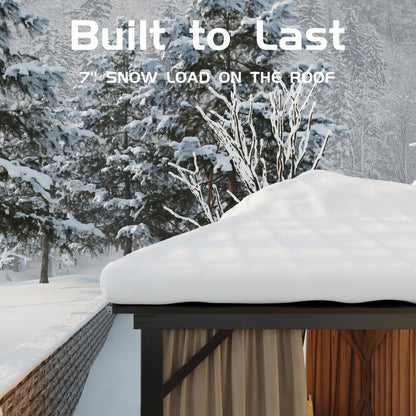 10x10 Hardtop Gazebo with double metal roof, aluminum frame, net, and curtain. All-weather, ideal for patio, deck, garden, backyard. Khaki.