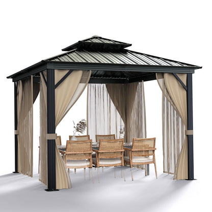 10x10 Hardtop Gazebo with double metal roof, aluminum frame, net, and curtain. All-weather, ideal for patio, deck, garden, backyard. Khaki.