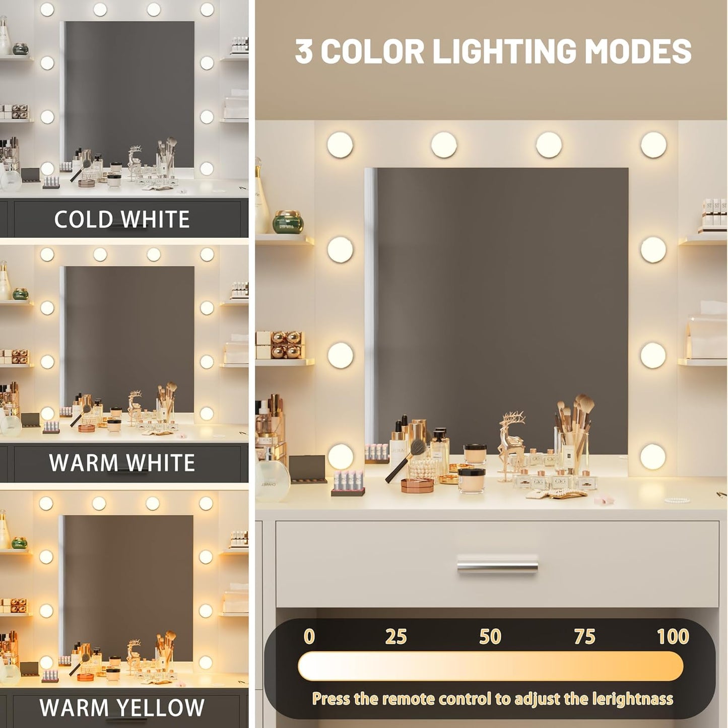 Vanity Desk with Mirror LED Lights and Power Outlet Makeup with 7 Drawers