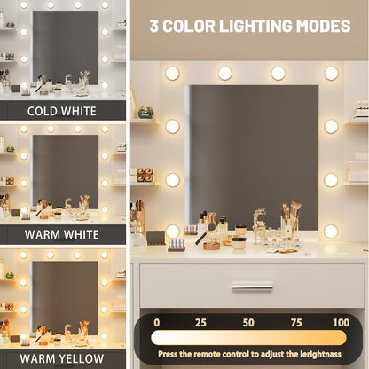 Vanity Desk with Mirror LED Lights and Power Outlet Makeup with 7 Drawers