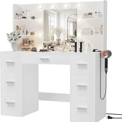 Vanity Desk with Mirror LED Lights and Power Outlet Makeup with 7 Drawers