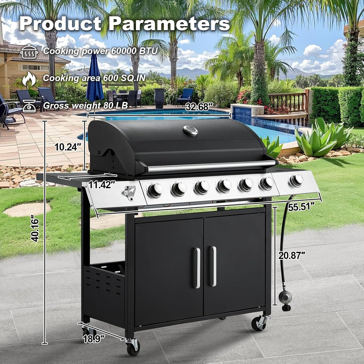 Upgraded 4 Burner BBQ Propane Gas Grill with Cast Iron Grates & Side Stove, 44,000 BTU Stainless Steel Burner Barbecue Grill for Patio, Camping, Outdoor Cooking MELLCOM