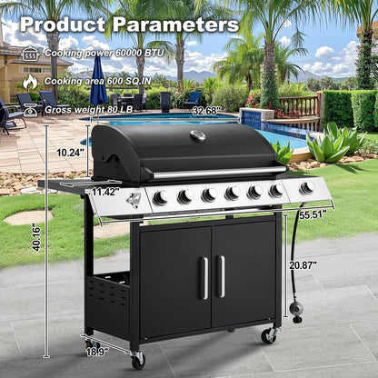 Upgraded 4 Burner BBQ Propane Gas Grill with Cast Iron Grates & Side Stove, 44,000 BTU Stainless Steel Burner Barbecue Grill for Patio, Camping, Outdoor Cooking MELLCOM