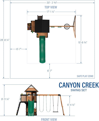 Canyon Creek Cedar Wood Swing Set with Wave Slide, Clubhouse, Play Kitchen, Picnic Area, Belt Swings, Web Swing, Rock Wall, Balconies, Playhouse, Step Ladder, Outdoor Playset