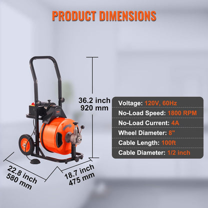 Drain Cleaner Machine 100FT x 1/2Inch, Auto Feed Sewer Snake Auger with 4 Cutter & Air-activated Foot Switch for 1" to 4" Pipes, Orange, Black
