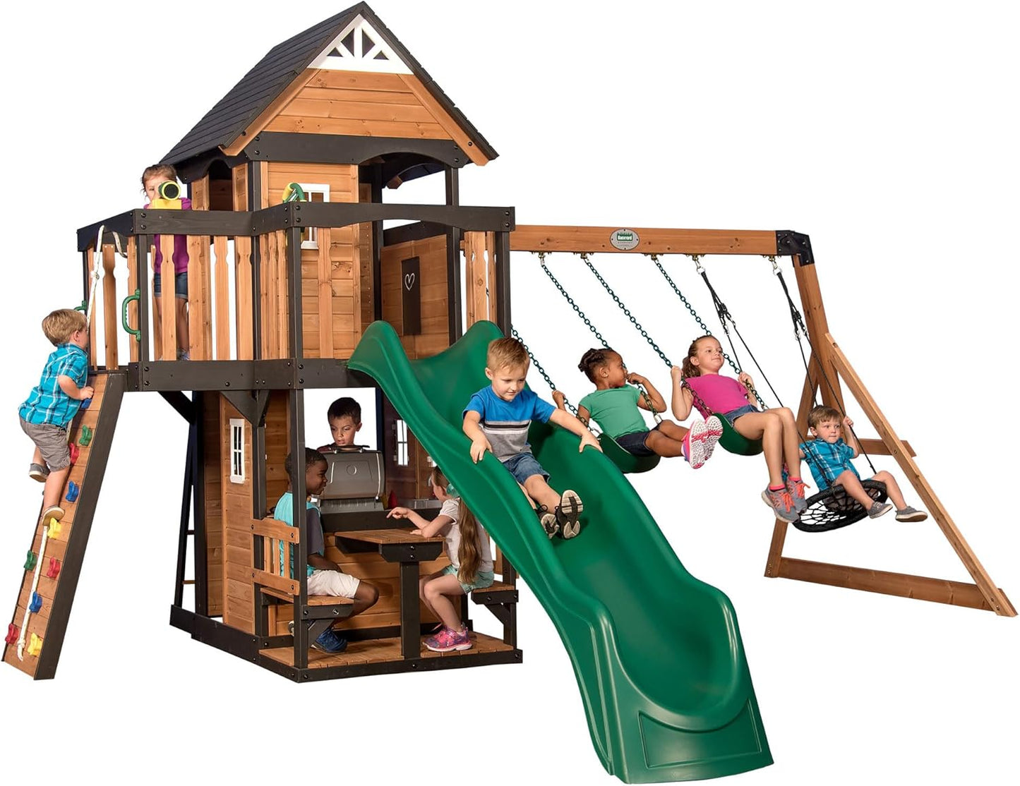 Canyon Creek Cedar Wood Swing Set with Wave Slide, Clubhouse, Play Kitchen, Picnic Area, Belt Swings, Web Swing, Rock Wall, Balconies, Playhouse, Step Ladder, Outdoor Playset