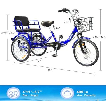 Tricycle 7 Speed, 20 inch 3 Wheel Bikes Folding Tricycle for Adults Star Strip Blue