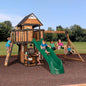 Canyon Creek Cedar Wood Swing Set with Wave Slide, Clubhouse, Play Kitchen, Picnic Area, Belt Swings, Web Swing, Rock Wall, Balconies, Playhouse, Step Ladder, Outdoor Playset