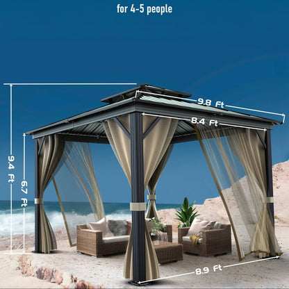 10x10 Hardtop Gazebo with double metal roof, aluminum frame, net, and curtain. All-weather, ideal for patio, deck, garden, backyard. Khaki.