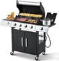 Upgraded 4 Burner BBQ Propane Gas Grill with Cast Iron Grates & Side Stove, 44,000 BTU Stainless Steel Burner Barbecue Grill for Patio, Camping, Outdoor Cooking MELLCOM