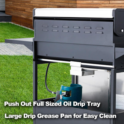 Upgraded 4 Burner BBQ Propane Gas Grill with Cast Iron Grates & Side Stove, 44,000 BTU Stainless Steel Burner Barbecue Grill for Patio, Camping, Outdoor Cooking MELLCOM