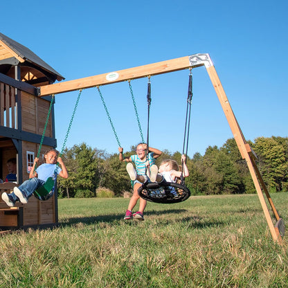Canyon Creek Cedar Wood Swing Set with Wave Slide, Clubhouse, Play Kitchen, Picnic Area, Belt Swings, Web Swing, Rock Wall, Balconies, Playhouse, Step Ladder, Outdoor Playset