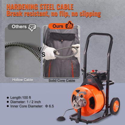 Drain Cleaner Machine 100FT x 1/2Inch, Auto Feed Sewer Snake Auger with 4 Cutter & Air-activated Foot Switch for 1" to 4" Pipes, Orange, Black