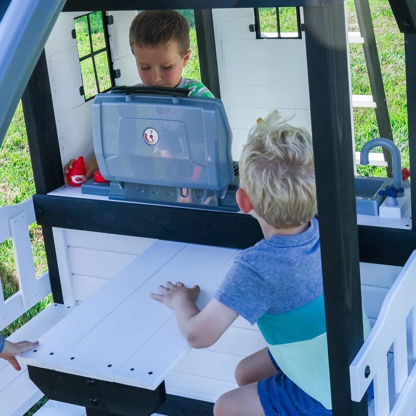 Canyon Creek Cedar Wood Swing Set with Wave Slide, Clubhouse, Play Kitchen, Picnic Area, Belt Swings, Web Swing, Rock Wall, Balconies, Playhouse, Step Ladder, Outdoor Playset