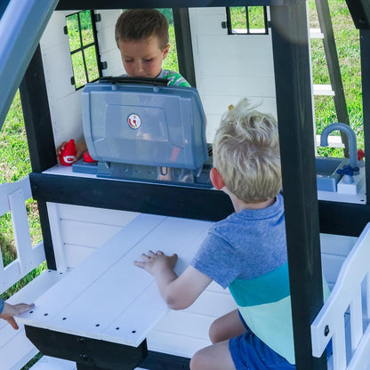 Canyon Creek Cedar Wood Swing Set with Wave Slide, Clubhouse, Play Kitchen, Picnic Area, Belt Swings, Web Swing, Rock Wall, Balconies, Playhouse, Step Ladder, Outdoor Playset