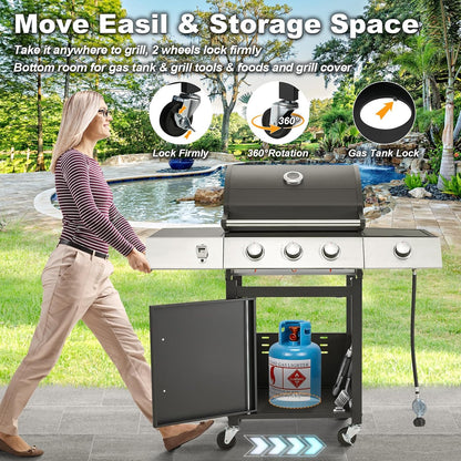 Upgraded 4 Burner BBQ Propane Gas Grill with Cast Iron Grates & Side Stove, 44,000 BTU Stainless Steel Burner Barbecue Grill for Patio, Camping, Outdoor Cooking MELLCOM