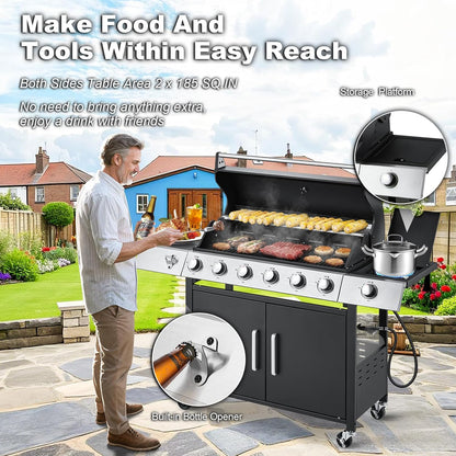 Upgraded 4 Burner BBQ Propane Gas Grill with Cast Iron Grates & Side Stove, 44,000 BTU Stainless Steel Burner Barbecue Grill for Patio, Camping, Outdoor Cooking MELLCOM