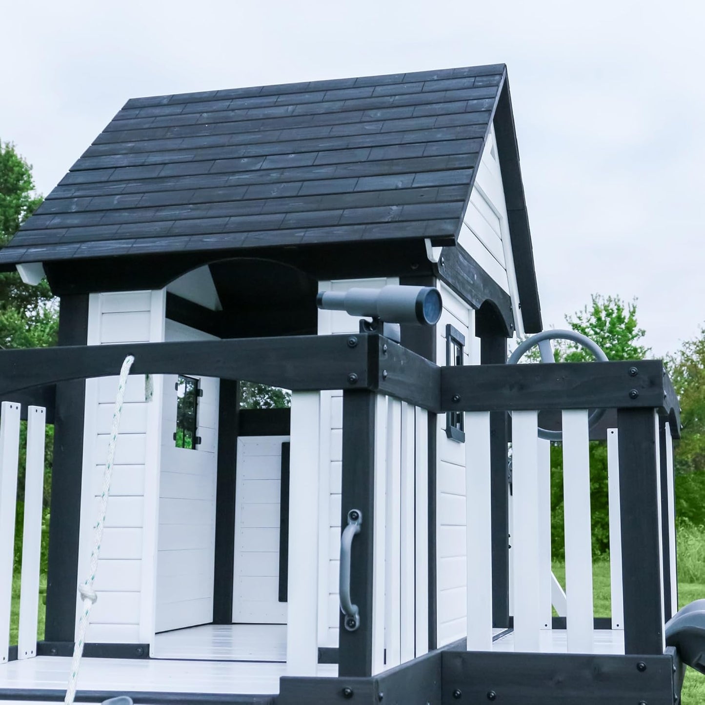 Canyon Creek Cedar Wood Swing Set with Wave Slide, Clubhouse, Play Kitchen, Picnic Area, Belt Swings, Web Swing, Rock Wall, Balconies, Playhouse, Step Ladder, Outdoor Playset