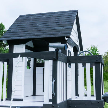 Canyon Creek Cedar Wood Swing Set with Wave Slide, Clubhouse, Play Kitchen, Picnic Area, Belt Swings, Web Swing, Rock Wall, Balconies, Playhouse, Step Ladder, Outdoor Playset