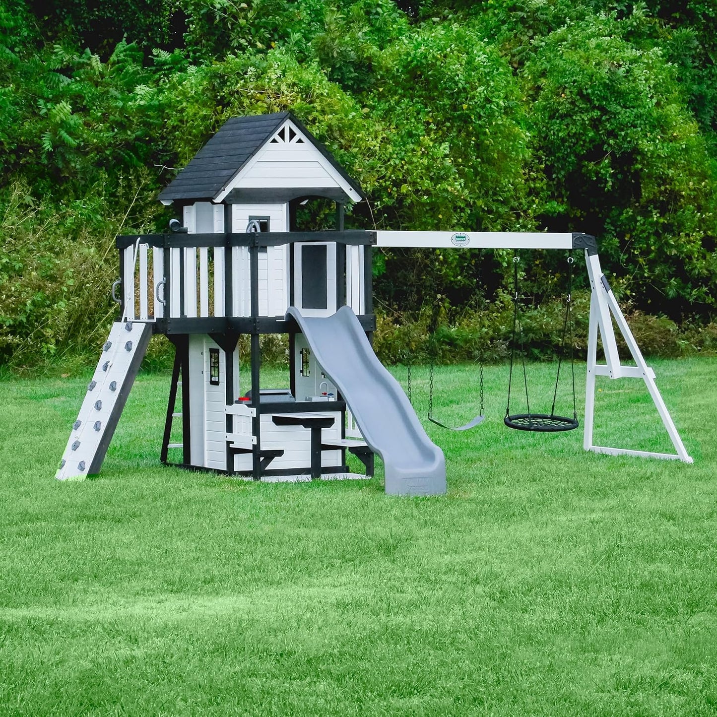 Canyon Creek Cedar Wood Swing Set with Wave Slide, Clubhouse, Play Kitchen, Picnic Area, Belt Swings, Web Swing, Rock Wall, Balconies, Playhouse, Step Ladder, Outdoor Playset