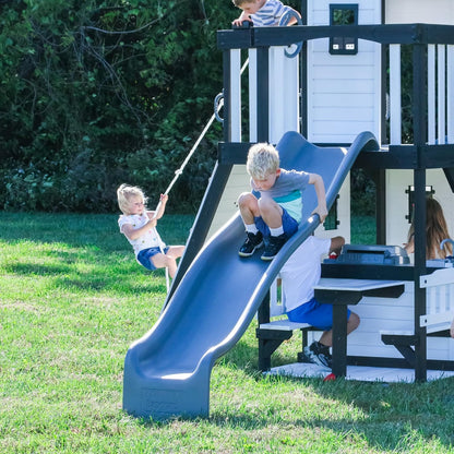 Canyon Creek Cedar Wood Swing Set with Wave Slide, Clubhouse, Play Kitchen, Picnic Area, Belt Swings, Web Swing, Rock Wall, Balconies, Playhouse, Step Ladder, Outdoor Playset